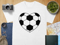 White t-shirt with a black heart-shaped soccer ball graphic.