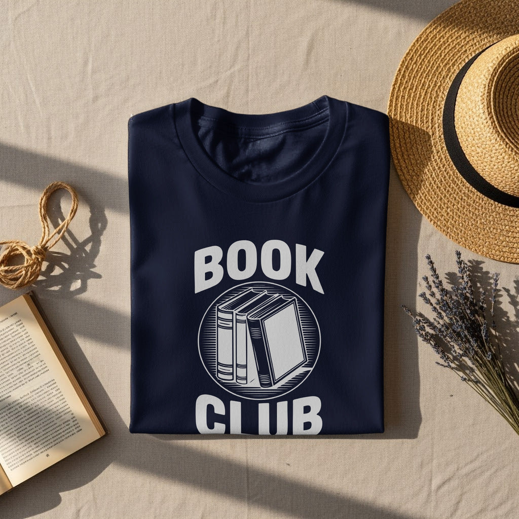 Navy t-shirt with "BOOK CLUB" text and stacked books graphic.