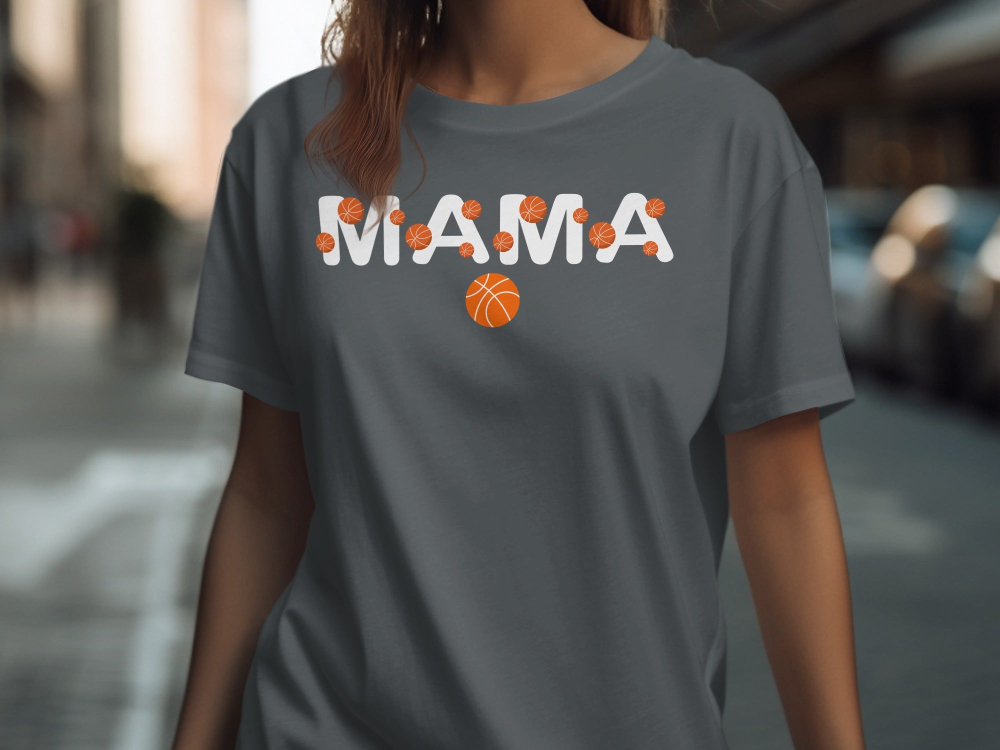 Gray t-shirt with "MAMA" text and basketball graphics.