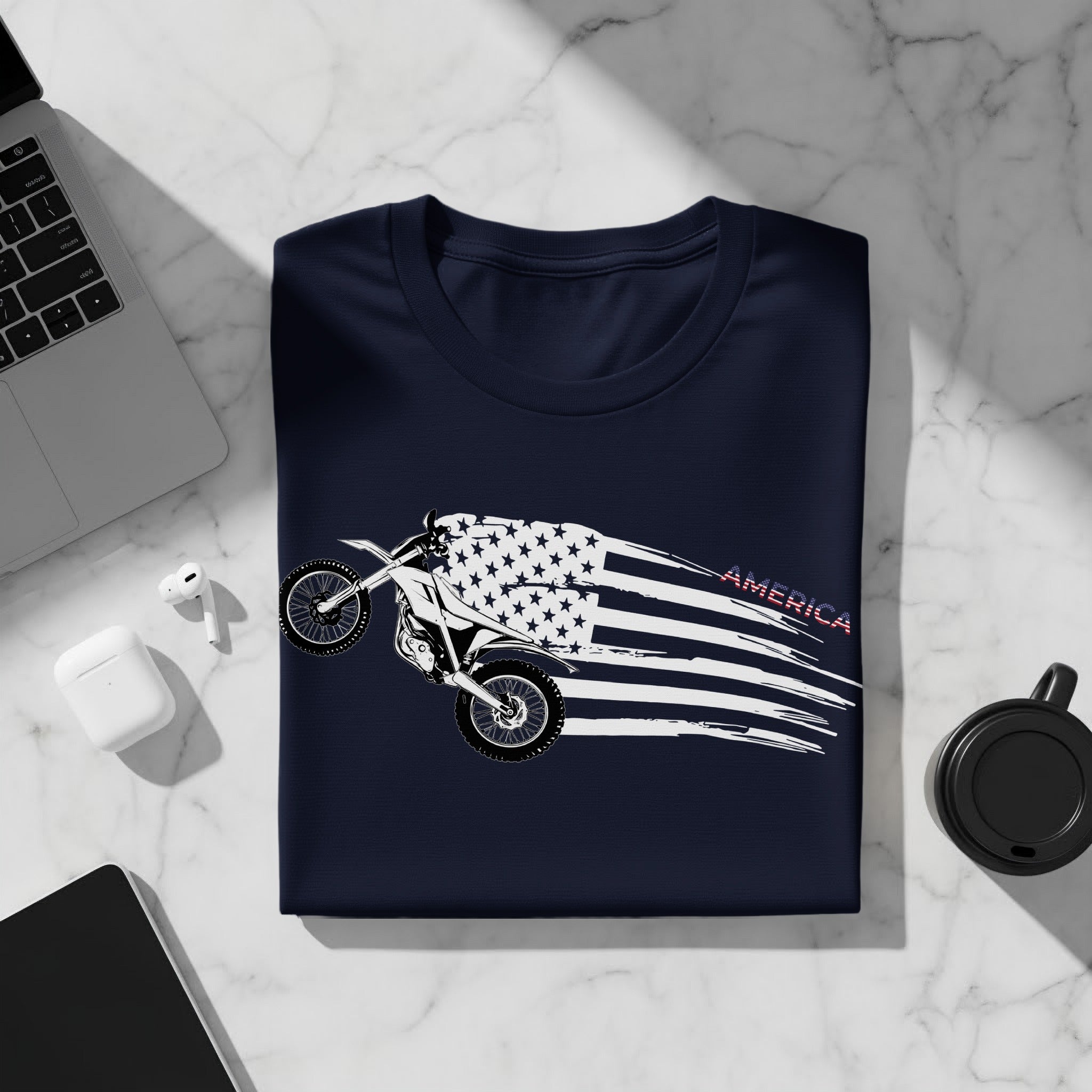Dark navy t-shirt with dirt bike graphic and distressed American flag.