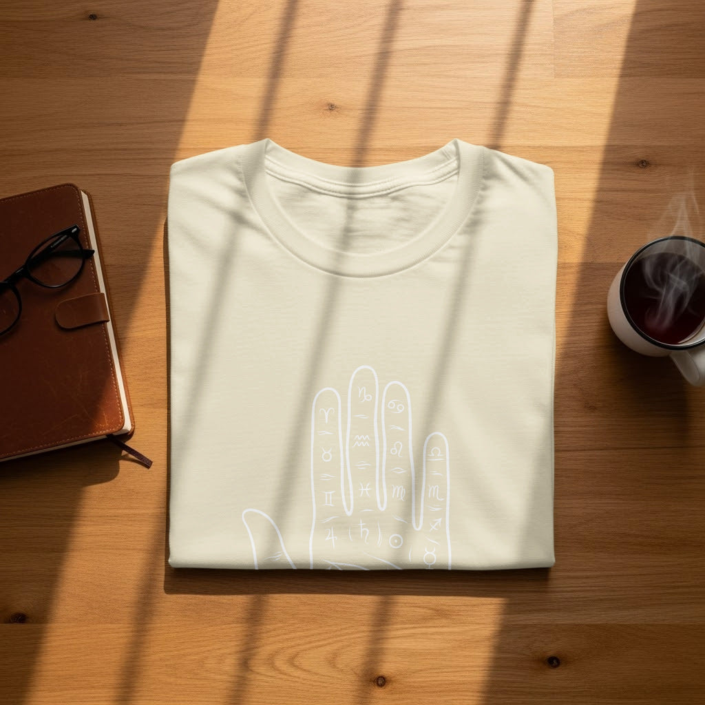 Light cream t-shirt with white palmistry and zodiac symbols on wooden surface.