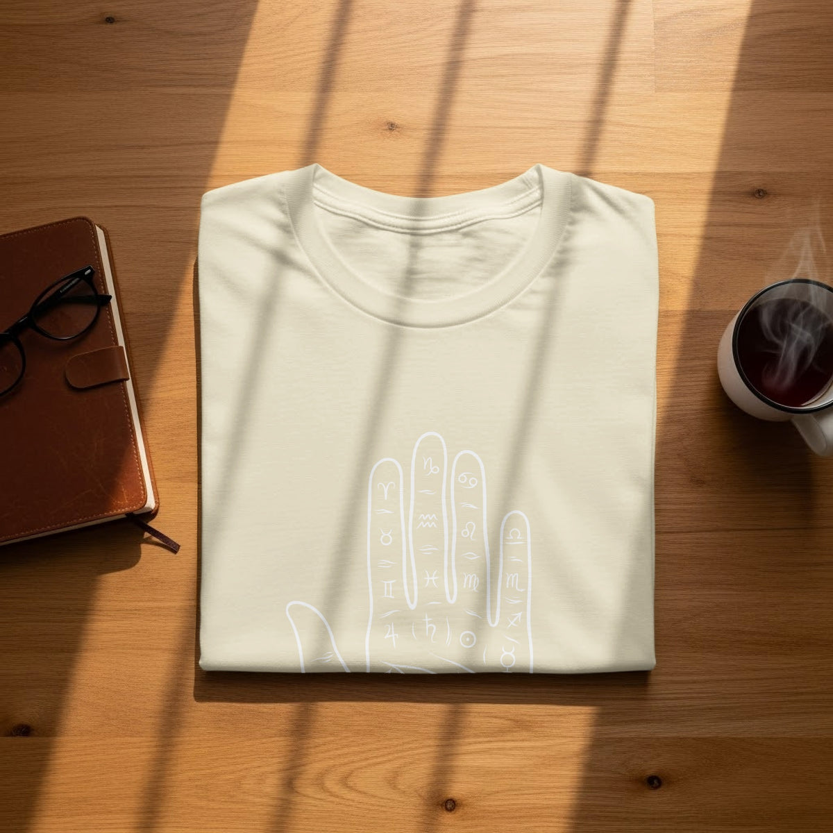 Light cream t-shirt with white palmistry and zodiac symbols on wooden surface.