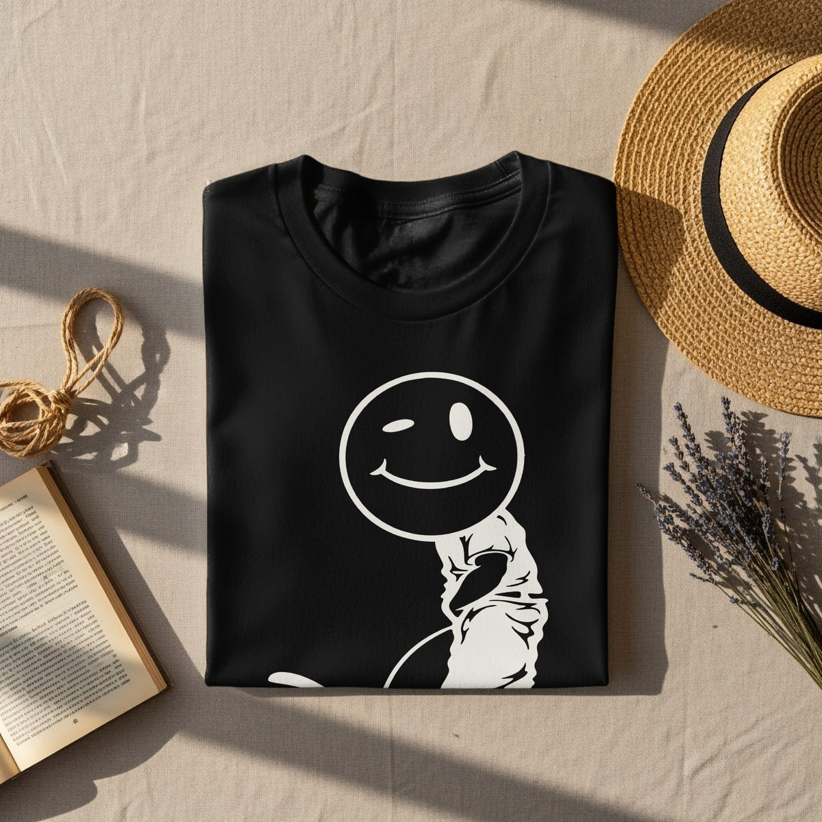 Black t-shirt with a white winking smiley face and a silhouetted figure.