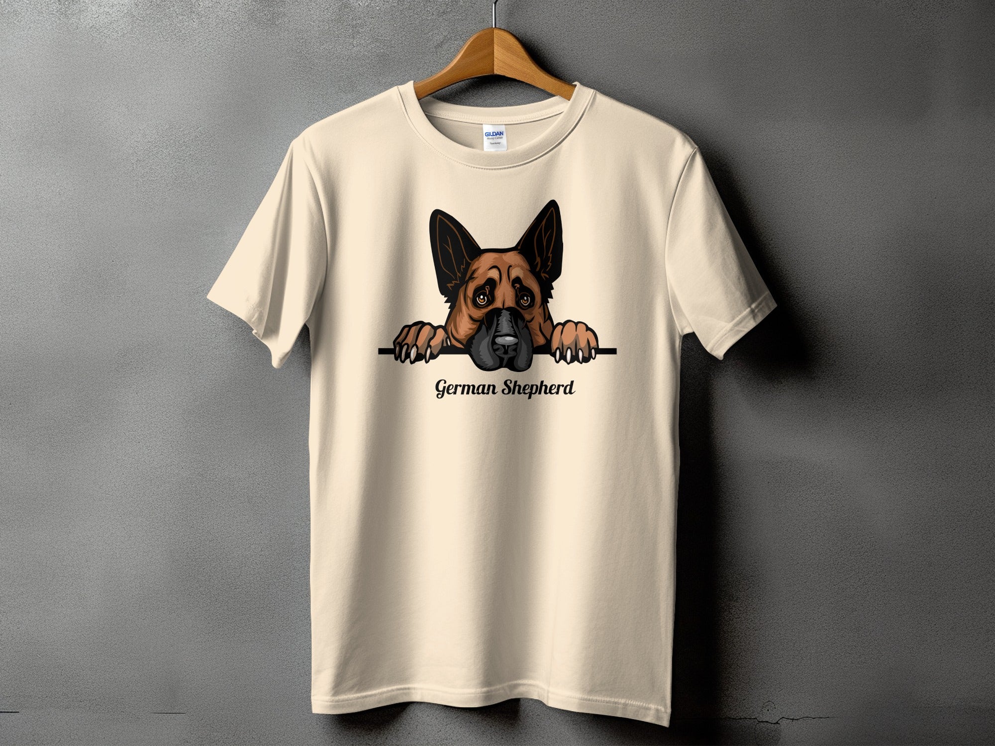 Cream t-shirt with German Shepherd dog illustration and "German Shepherd" text.