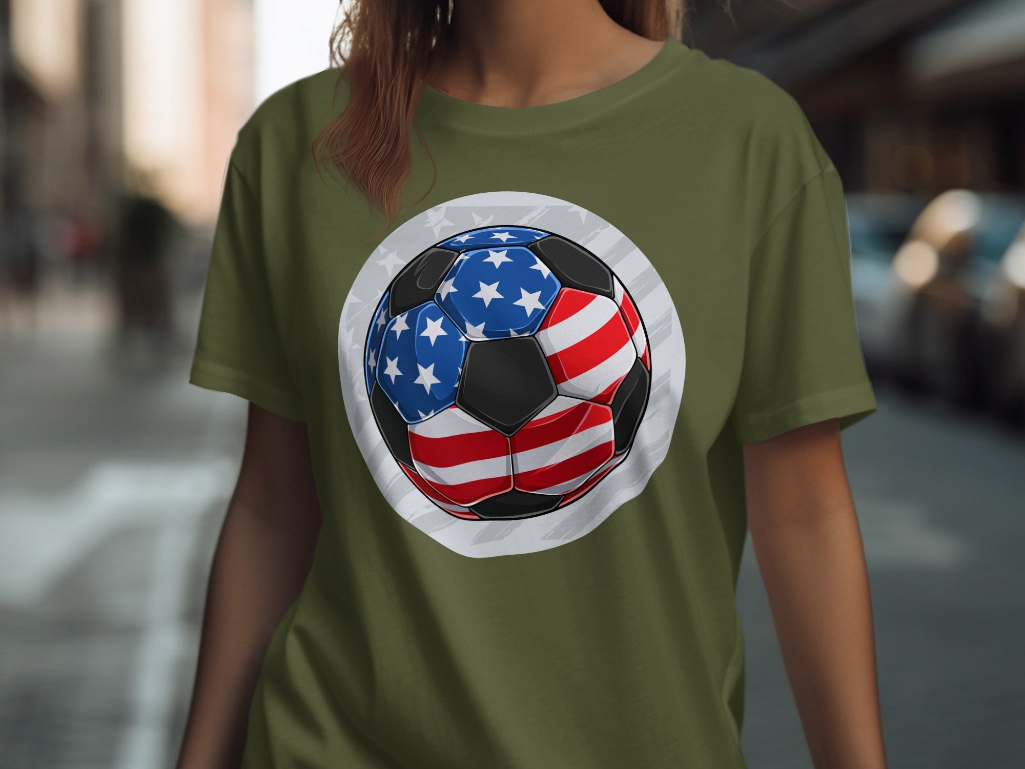 Green t-shirt with a soccer ball featuring American flag design.