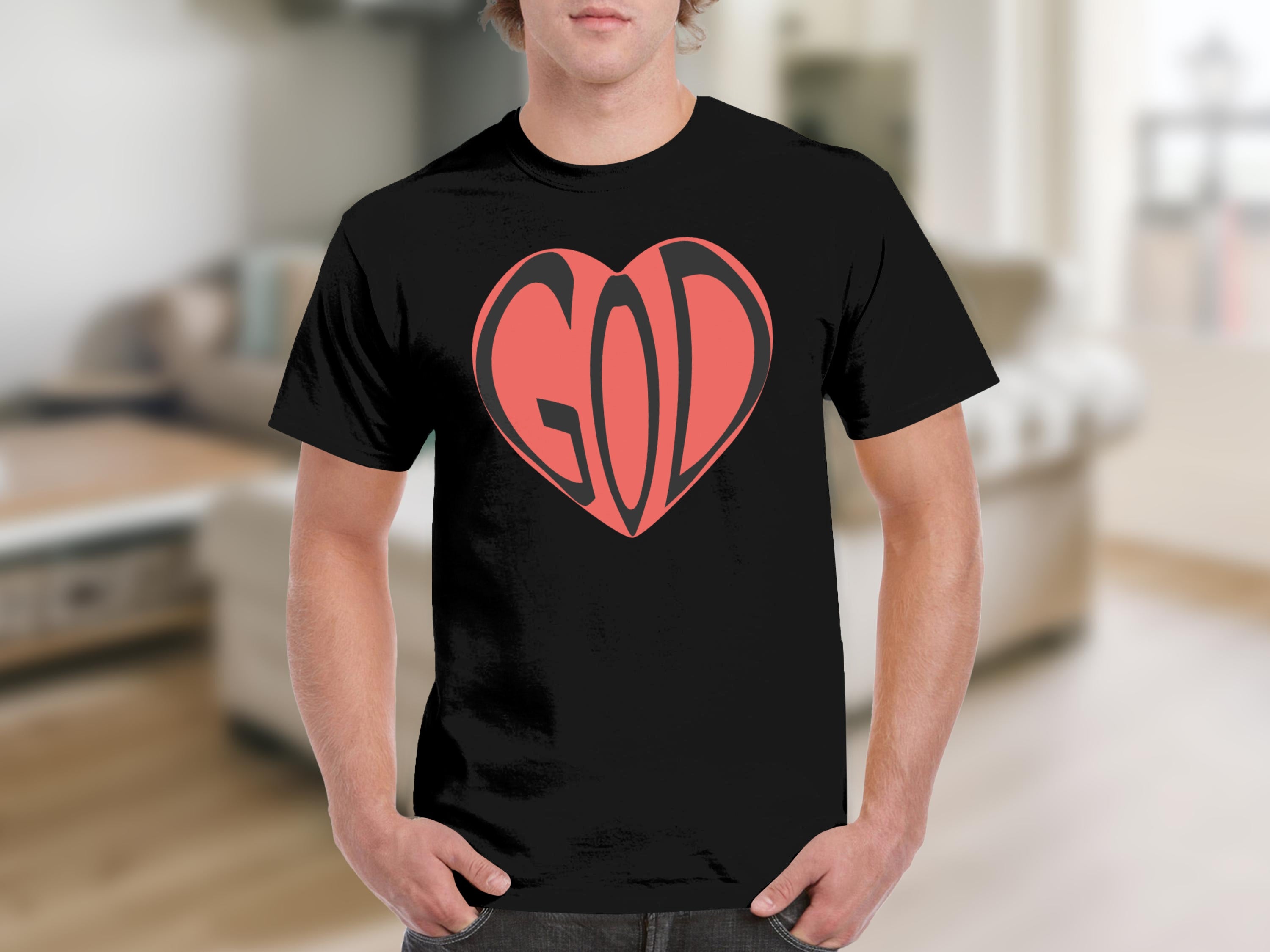 Black t-shirt with a coral heart graphic containing the word "GOD".