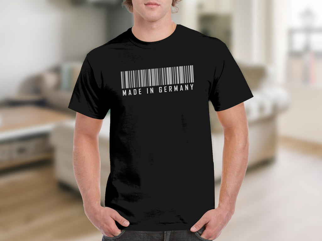 Black t-shirt with barcode and "MADE IN GERMANY" text.