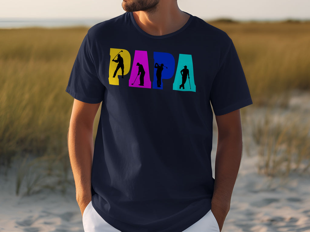 Navy t-shirt with "PAPA" text and golfer silhouettes in colorful blocks.