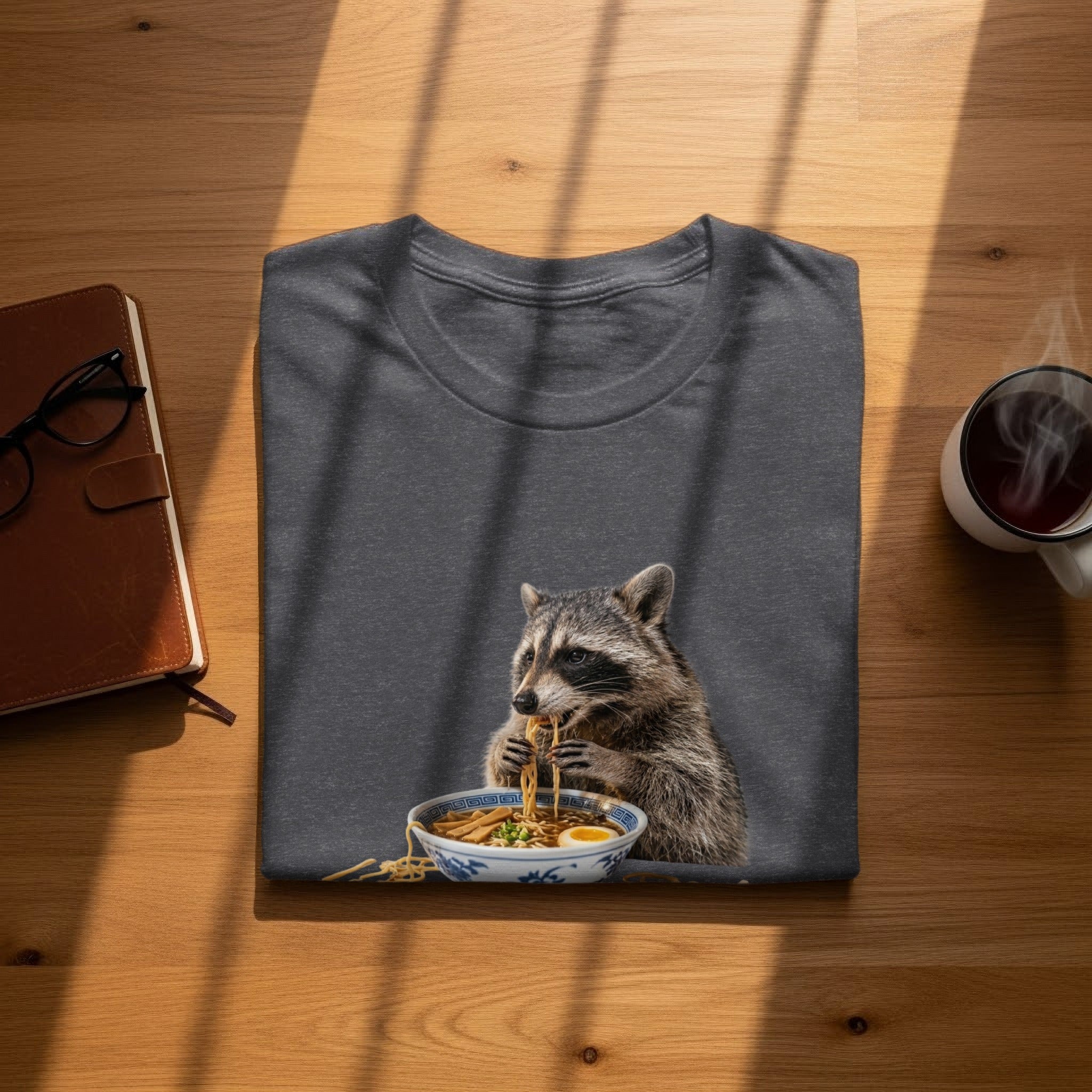Dark grey t-shirt with a raccoon eating ramen graphic on the front.