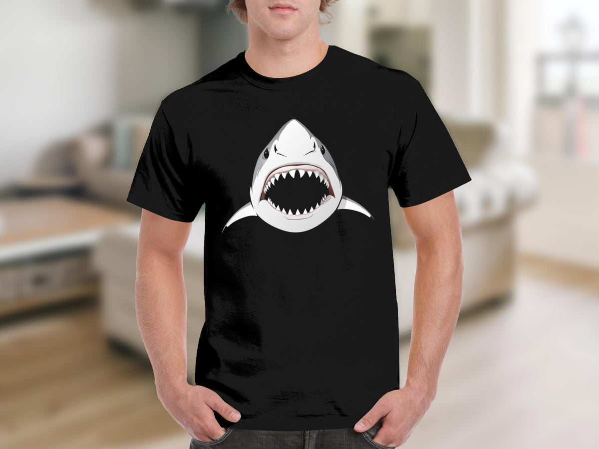 Black t-shirt with a graphic of a great white shark's open mouth.