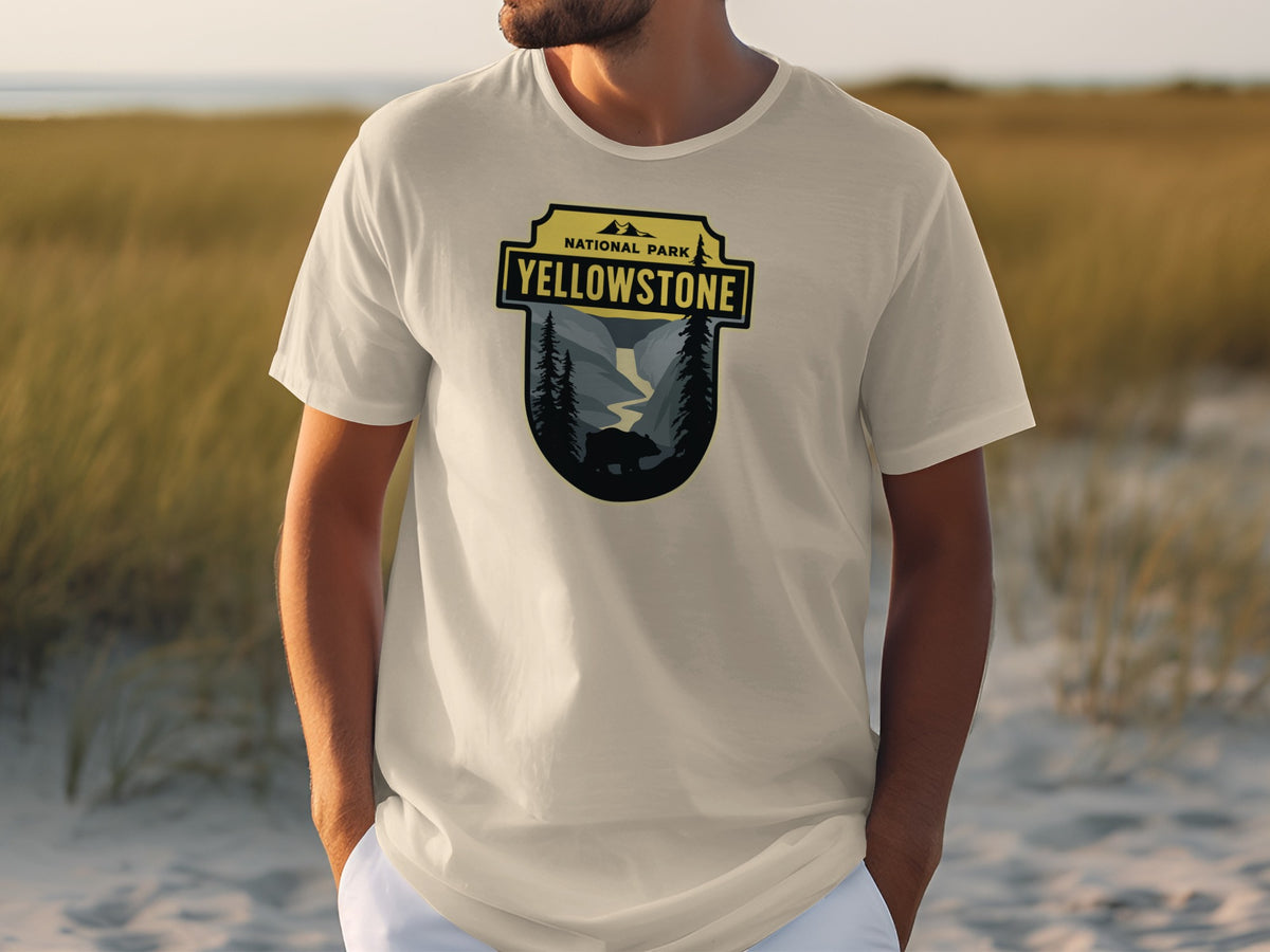 Yellowstone National Park logo with bear and mountains on a t-shirt.