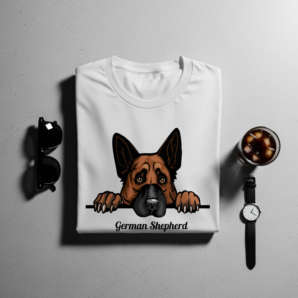 White t-shirt with a German Shepherd graphic and text "German Shepherd".