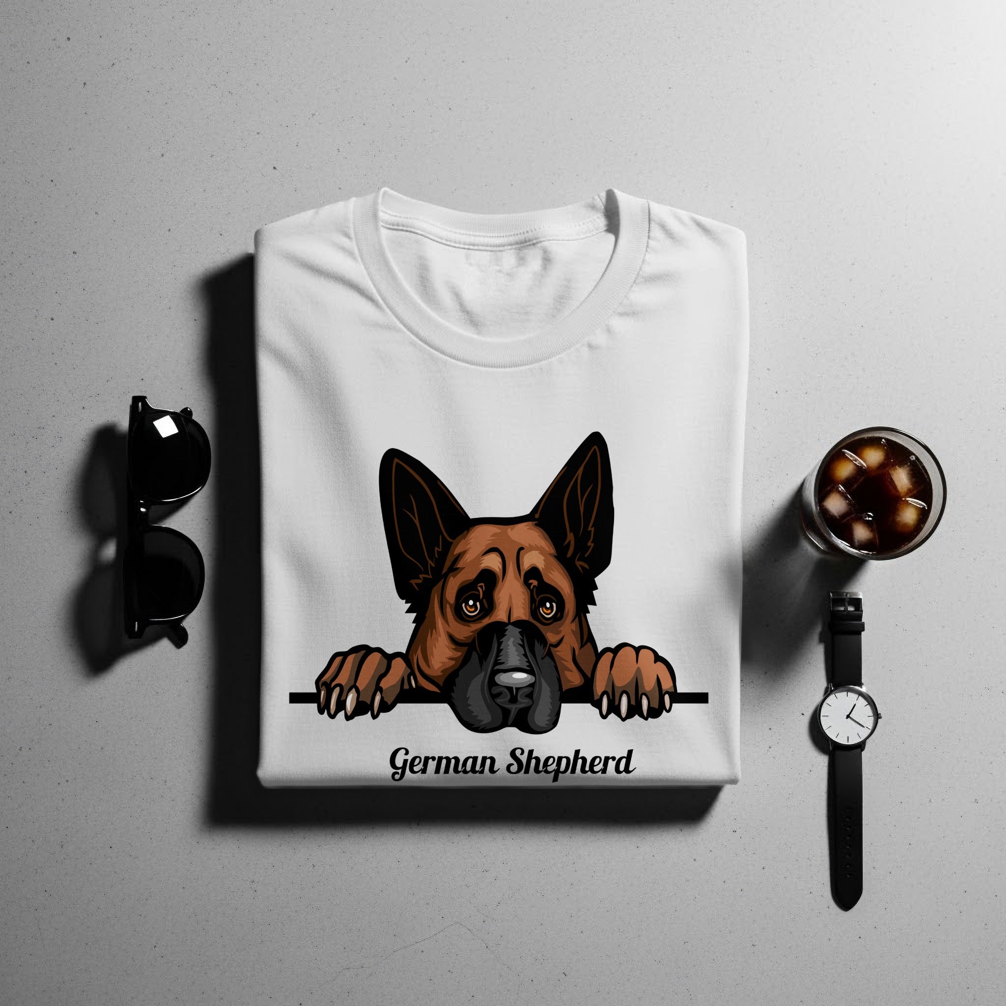 White t-shirt with a German Shepherd graphic and text "German Shepherd".