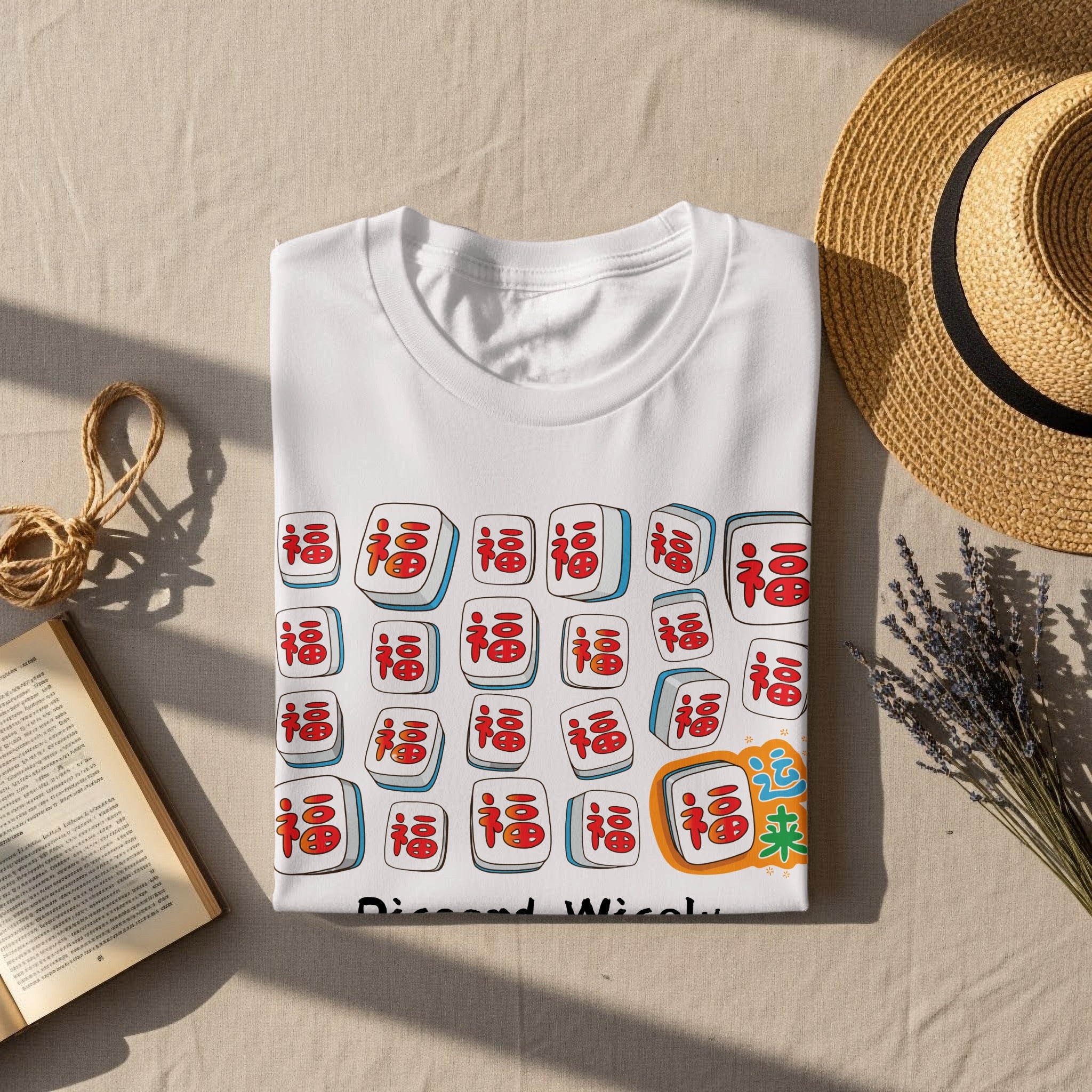 White t-shirt featuring mahjong tiles with Chinese characters and "Discord Wisely" text.