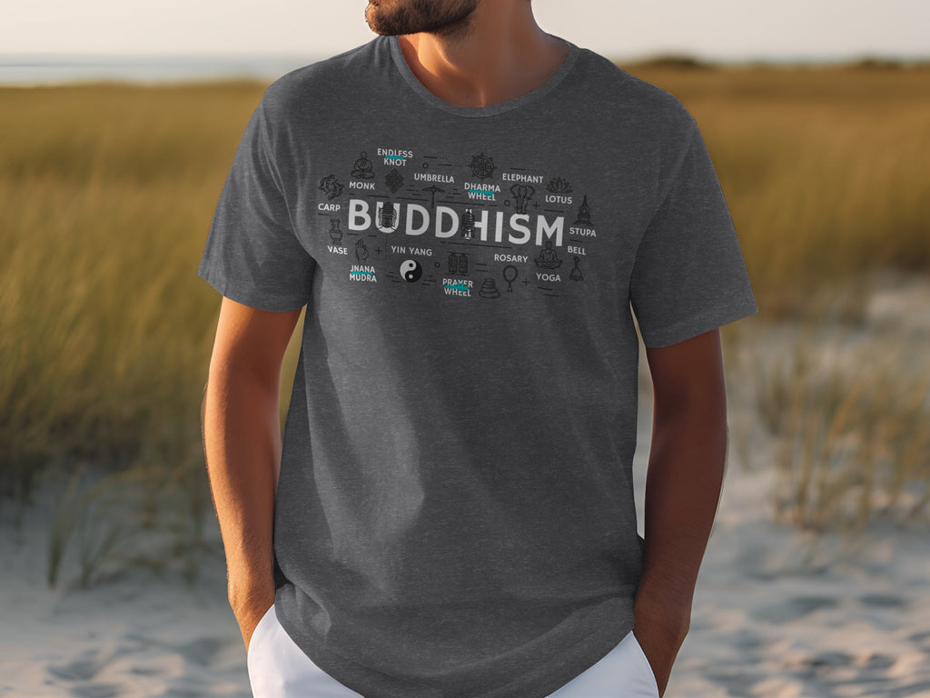 Dark grey t-shirt with "BUDDHISM" and surrounding symbols and text.