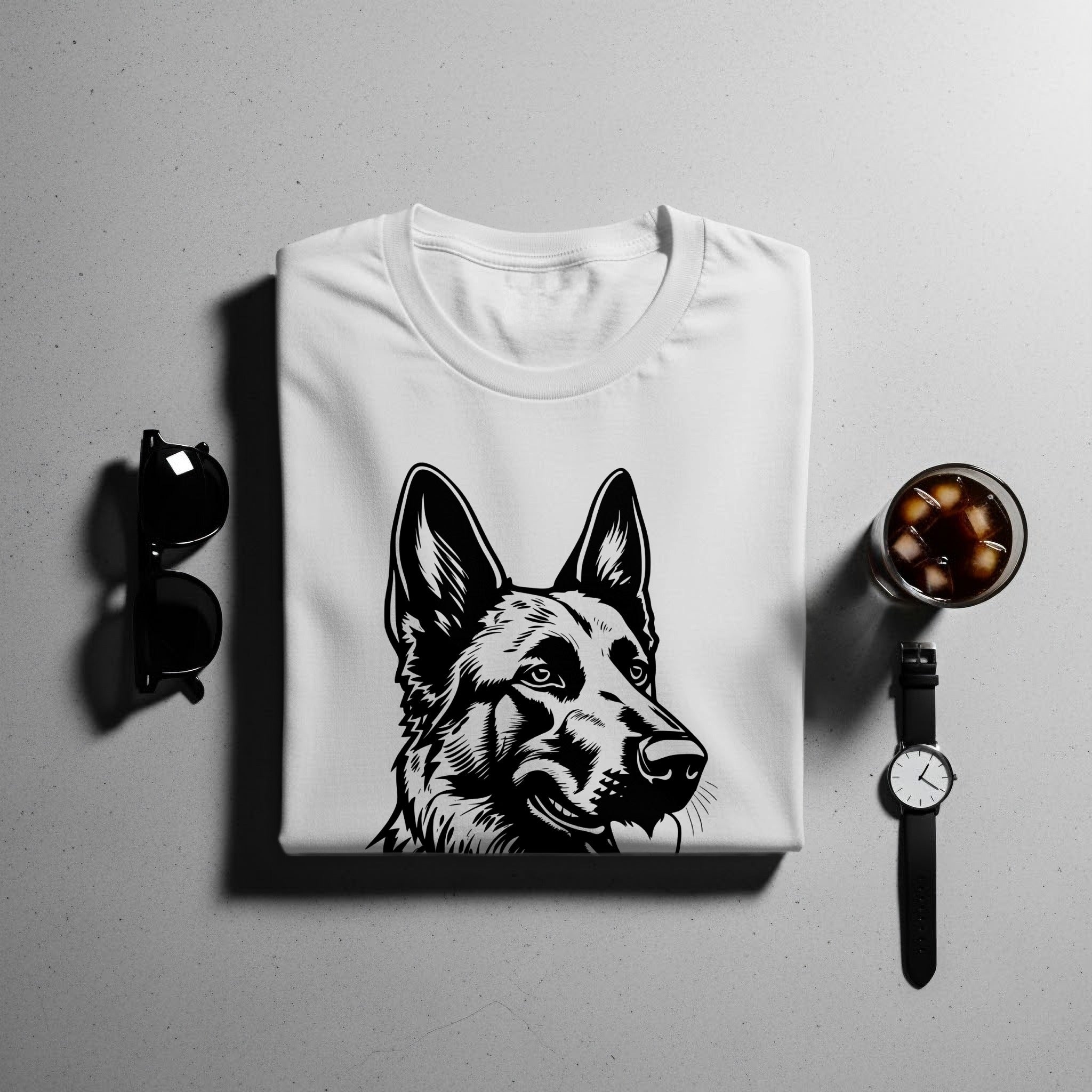 White t-shirt featuring a black and white illustration of a German Shepherd's head.