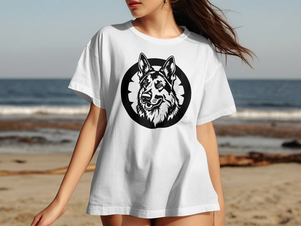 White t-shirt with black German Shepherd graphic centered on chest.