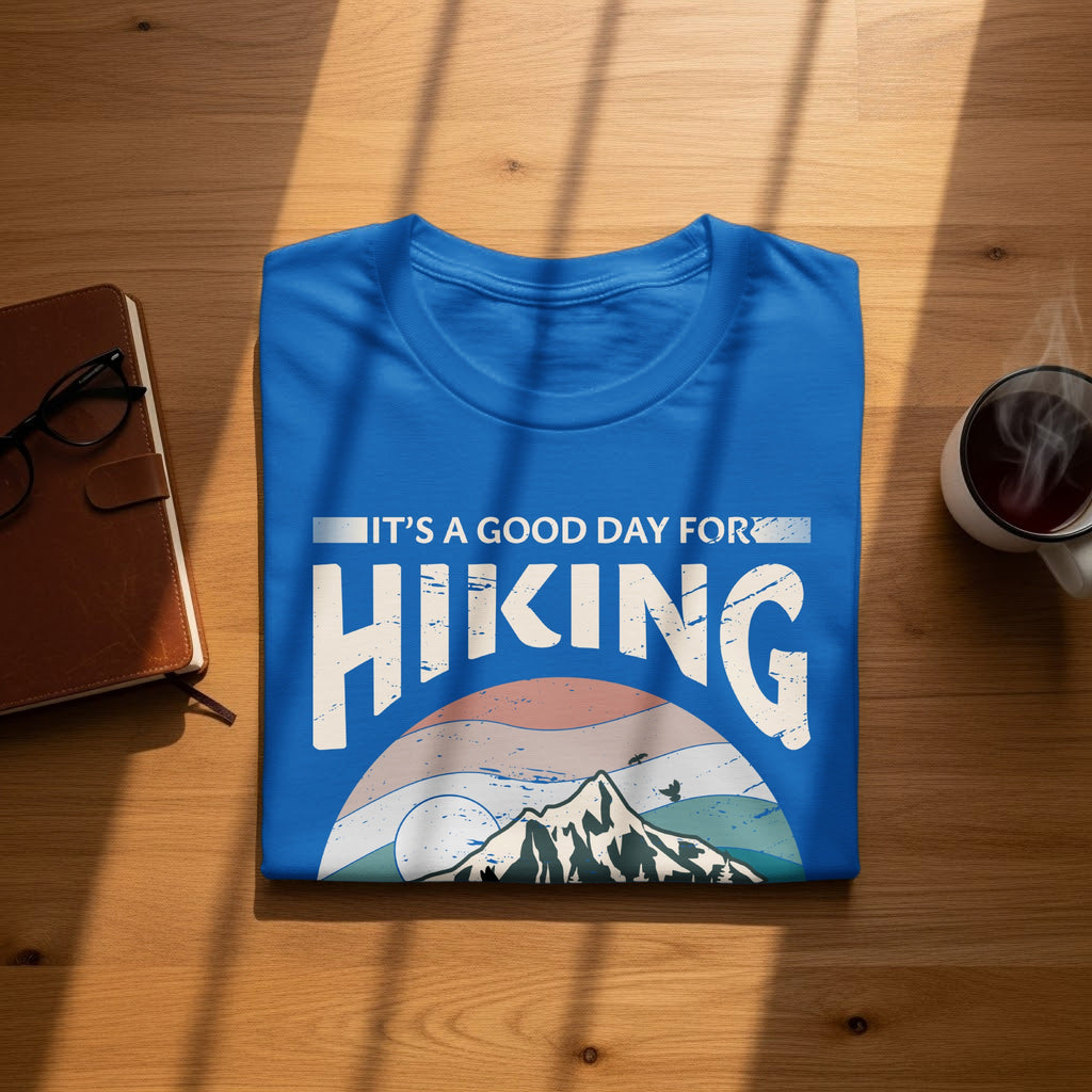 Blue t-shirt with "It's a good day for hiking" text over a mountain landscape.