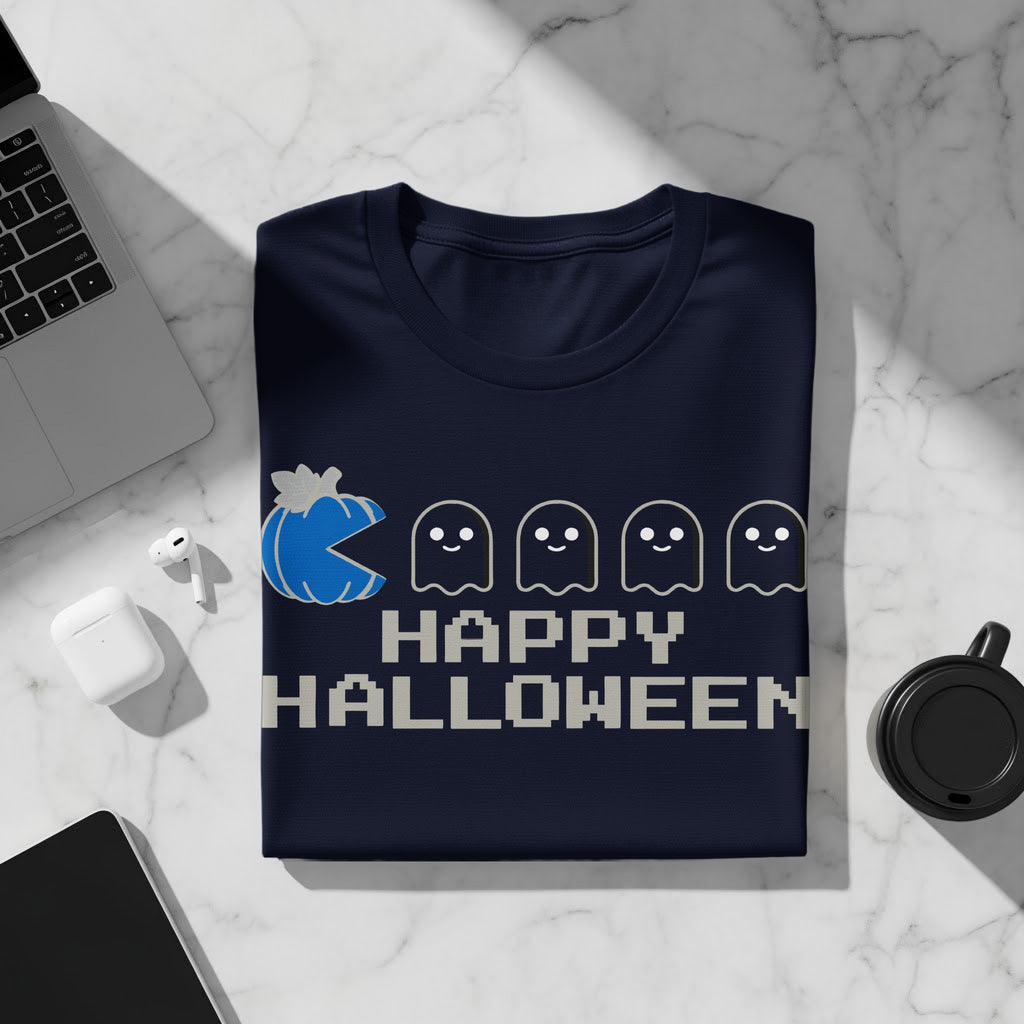 Navy t-shirt with blue pumpkin and ghosts, reading "Happy Halloween" in pixel font.