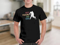 Black t-shirt with a white hockey player silhouette and text "BEST. PUCKING. DAD. EVER."