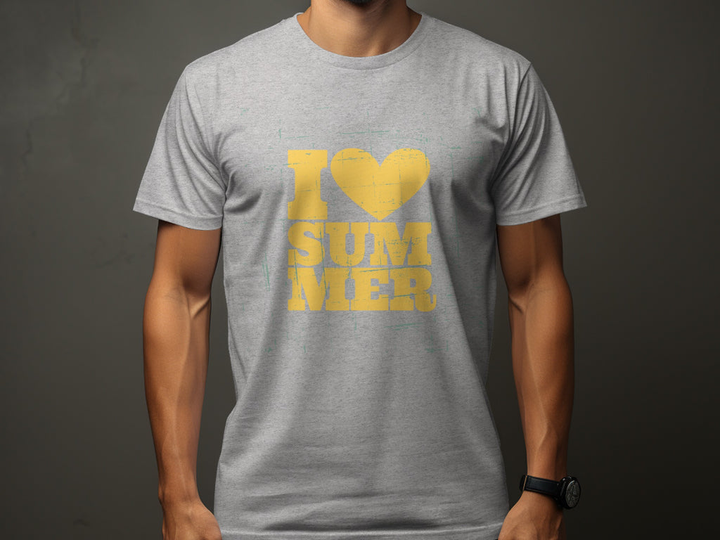 Grey t-shirt with yellow "I Heart Summer" graphic.