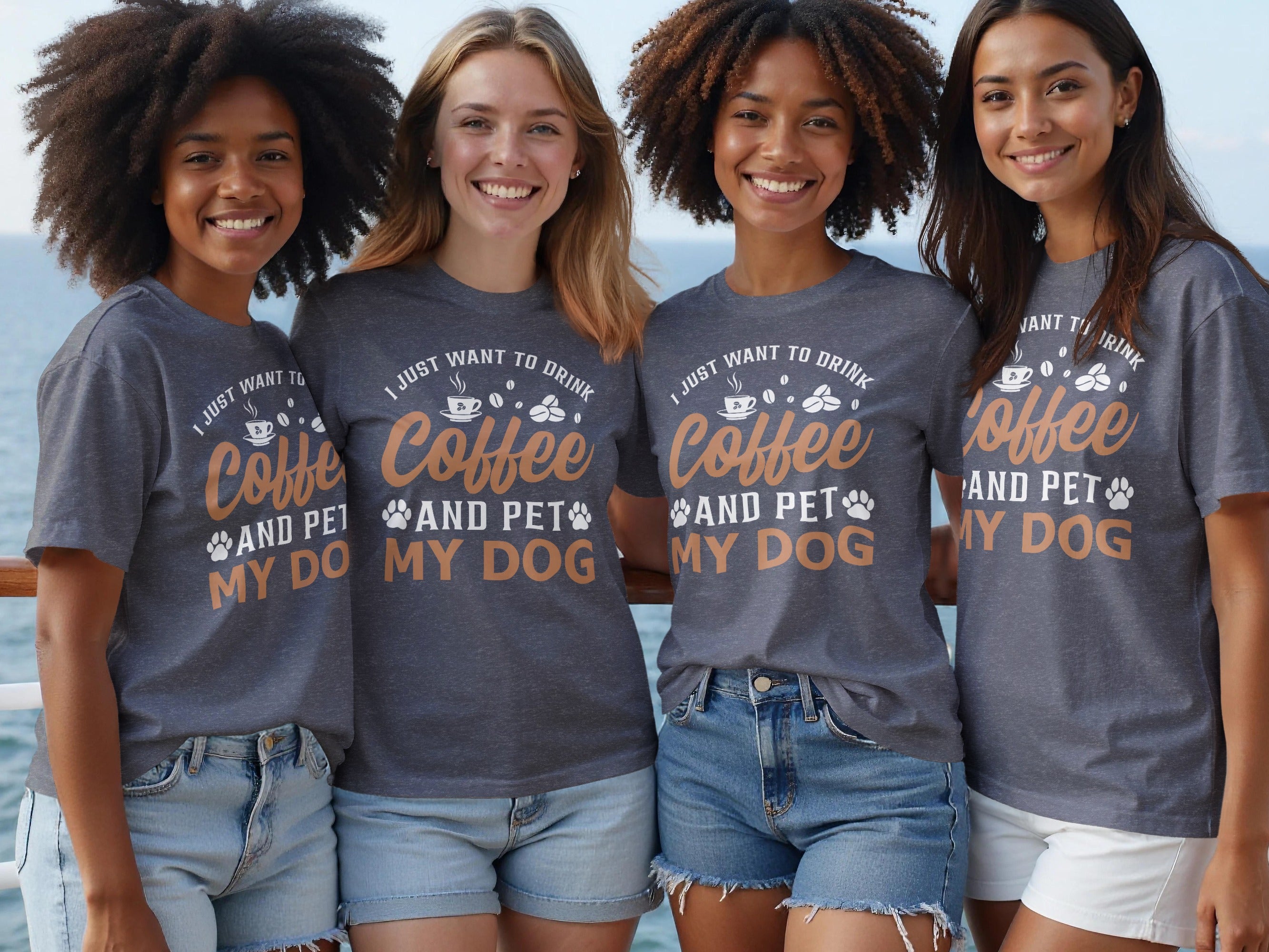 Four women wear gray t-shirts with text about coffee and dogs.
