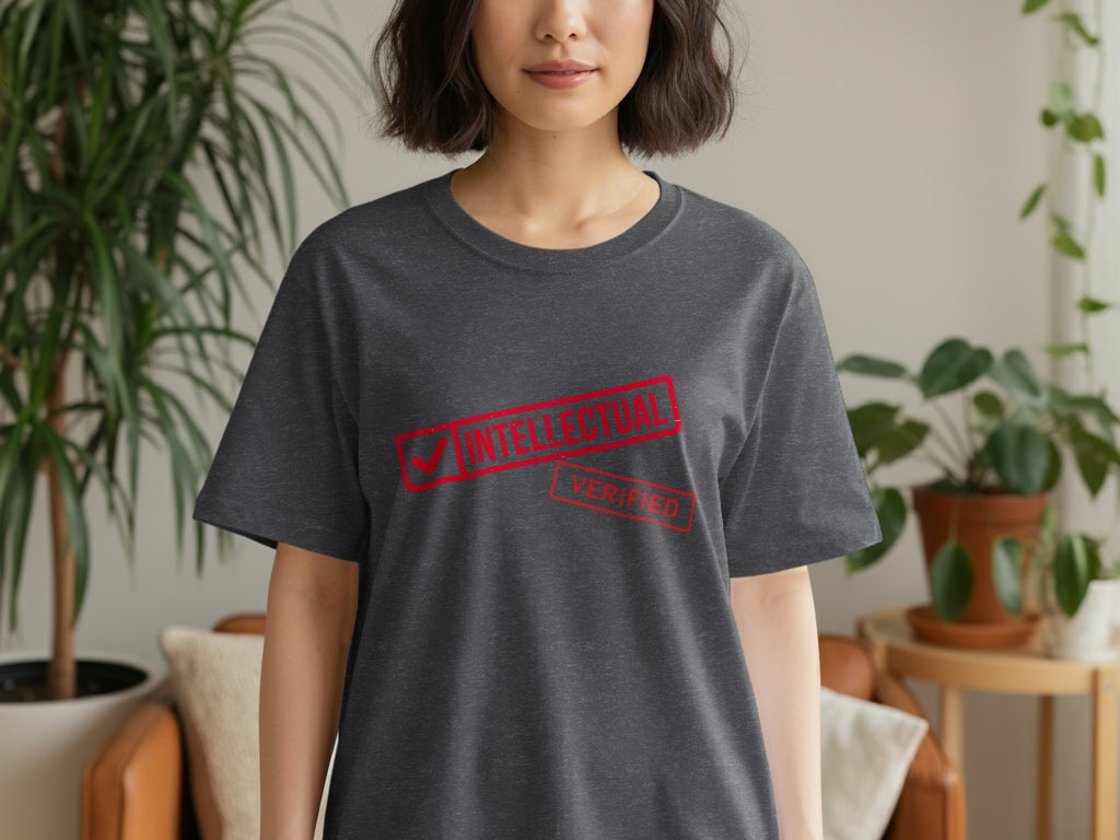 Dark grey t-shirt on a woman with red "Intellectual Verified" text.