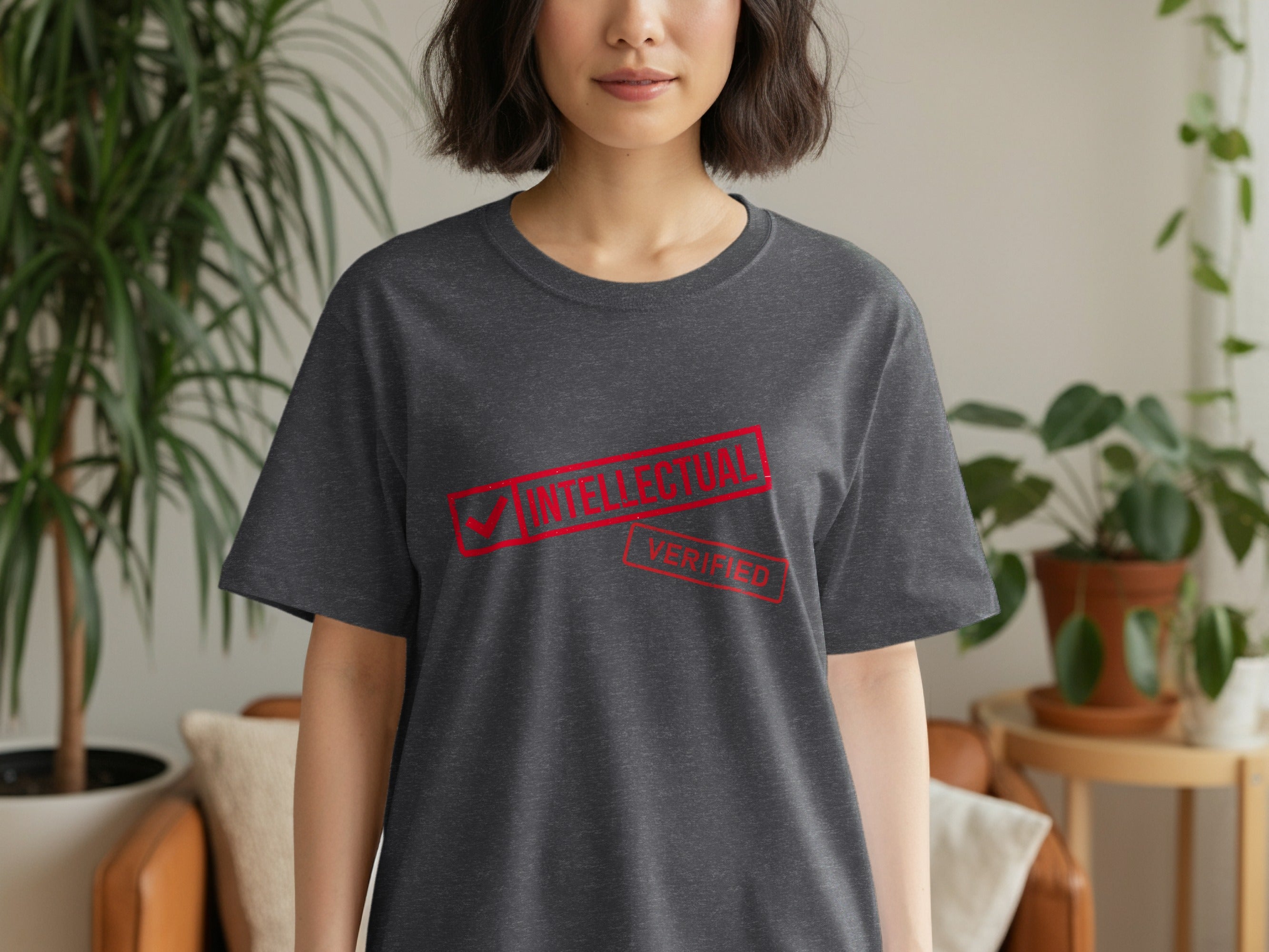 Dark grey t-shirt on a woman with red "Intellectual Verified" text.