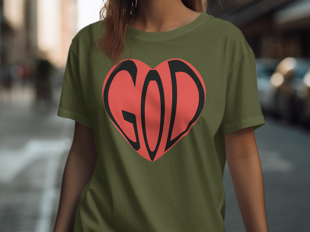 Green t-shirt with a red heart graphic containing the word GOD in black.