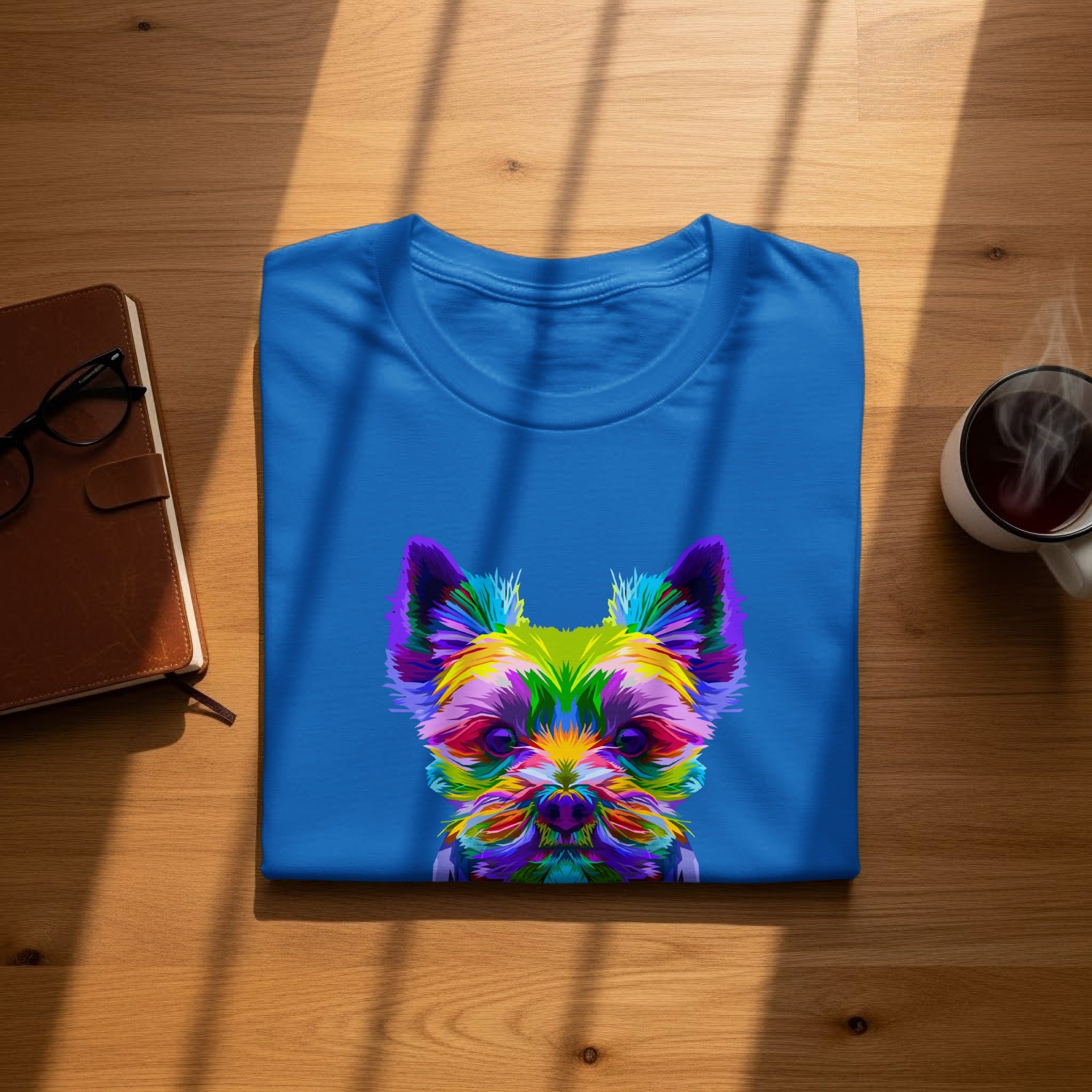 Blue t-shirt with a colorful abstract dog portrait graphic print.