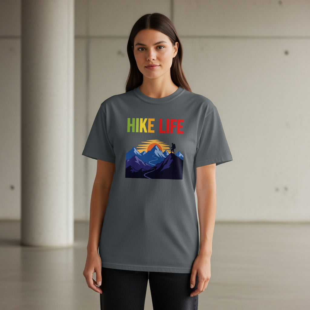 Graphic t-shirt with "HIKE LIFE" text and mountain landscape design.