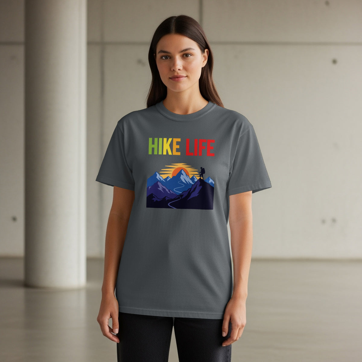 Graphic t-shirt with "HIKE LIFE" text and mountain landscape design.