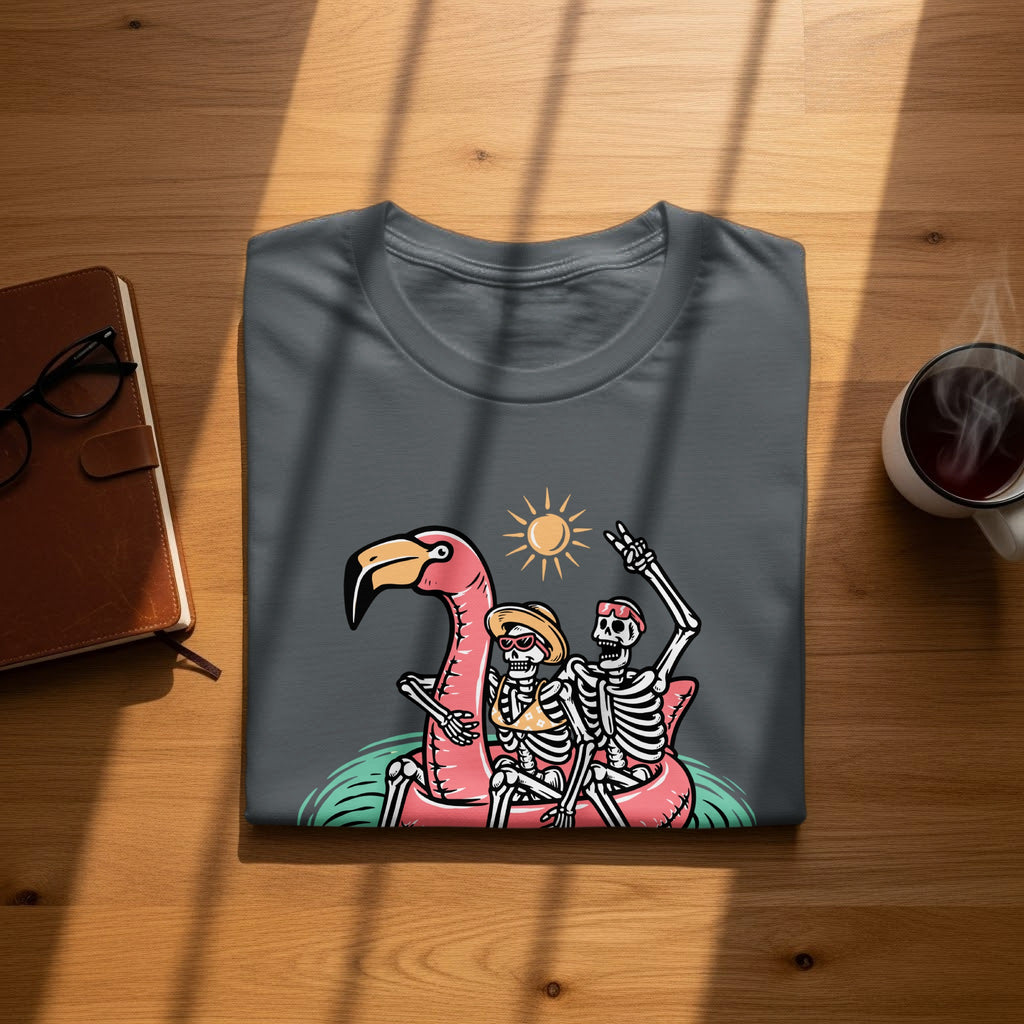 Two skeletons ride a pink flamingo float under a sun; one skeleton holds a peace sign.
