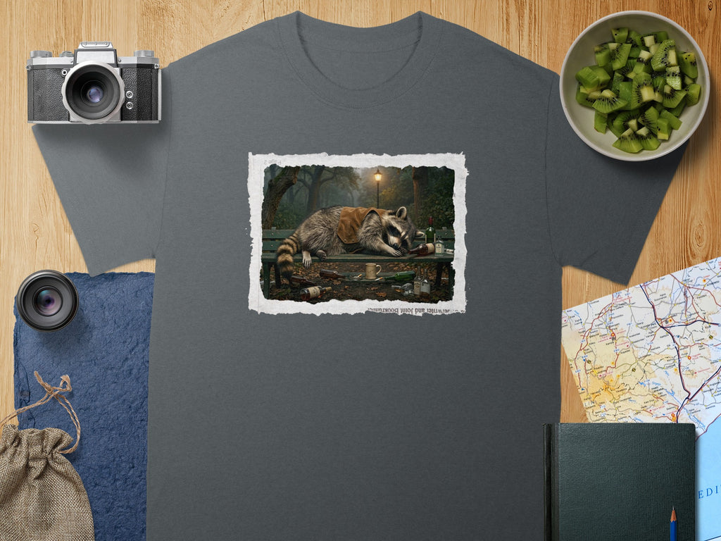 T-shirt with graphic of raccoon sleeping on a bench with bottles.