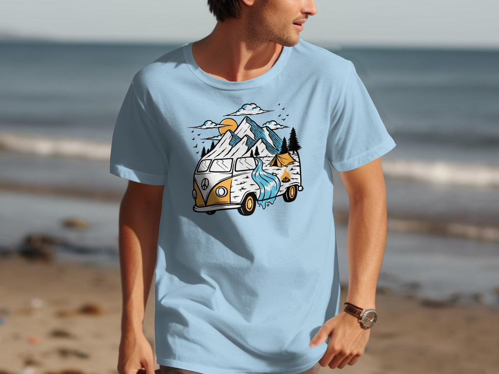 T-shirt design with orange and white van, mountains, tent, and water scene.