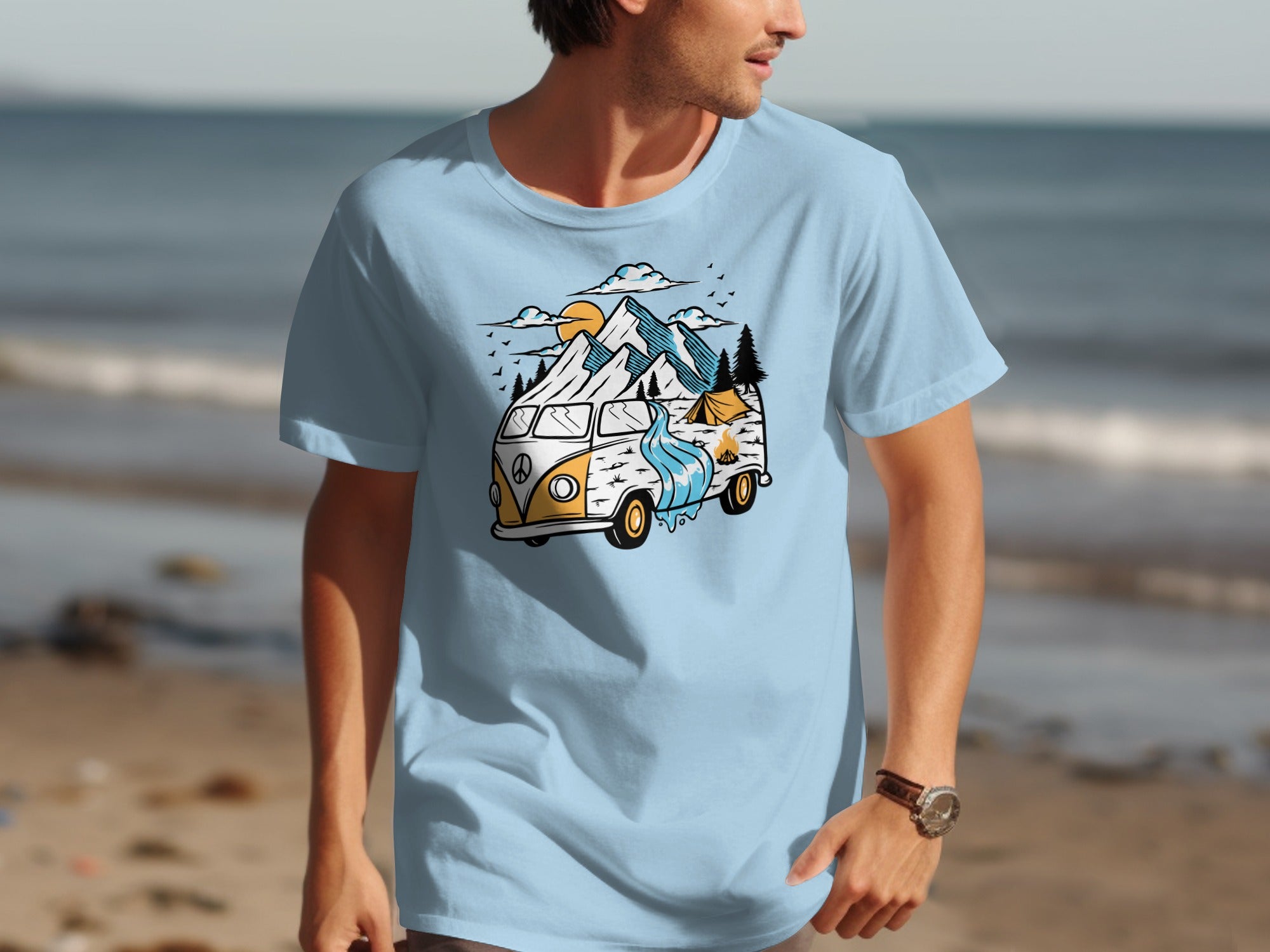 T-shirt design with orange and white van, mountains, tent, and water scene.
