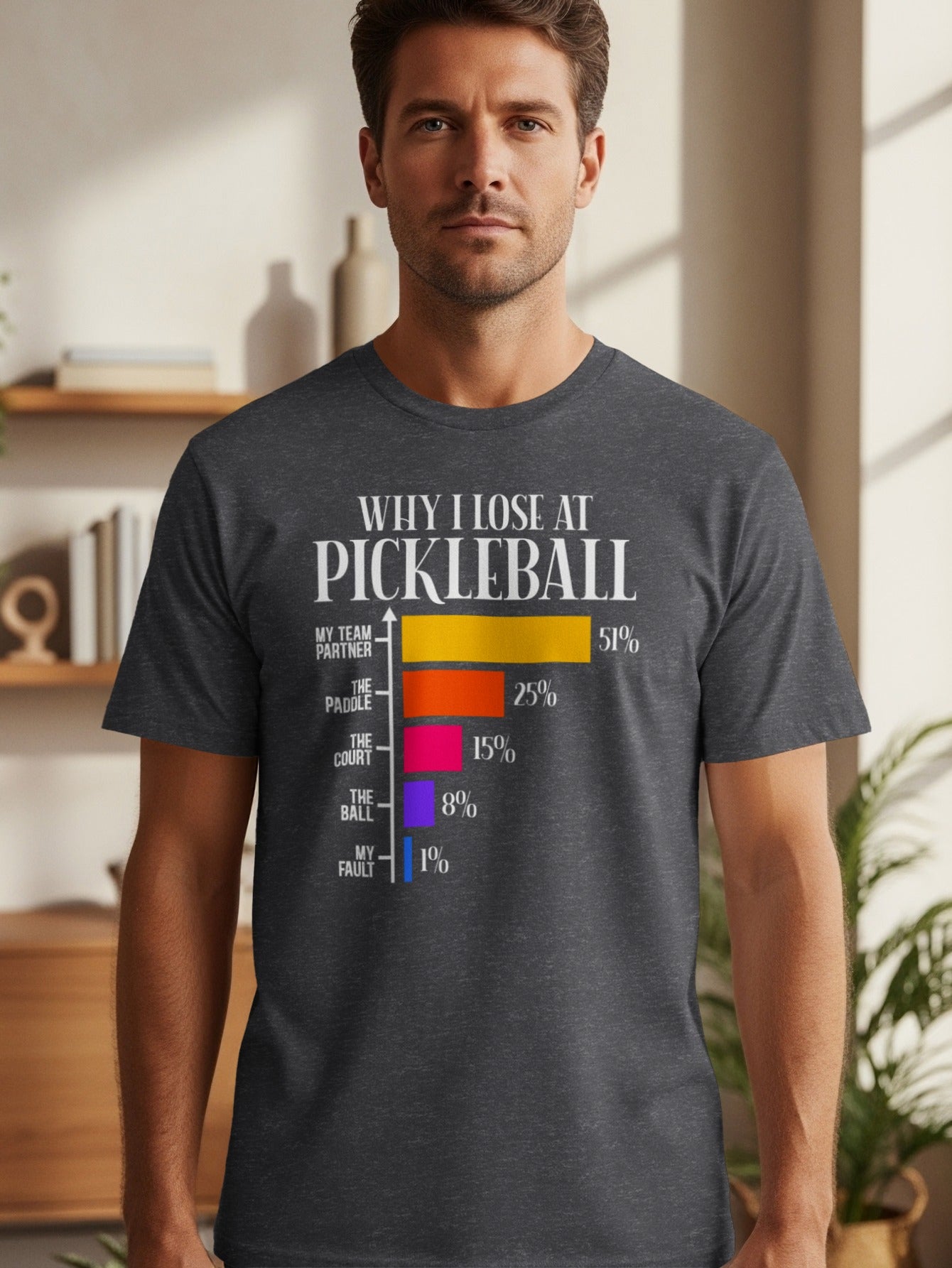 T-shirt with "Why I Lose at Pickleball" and a bar chart of blame percentages.