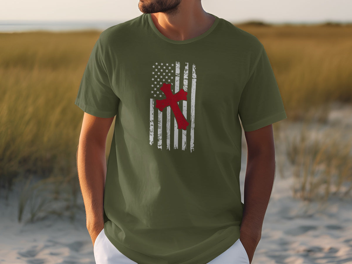 Green t-shirt with distressed American flag and red cross graphic.