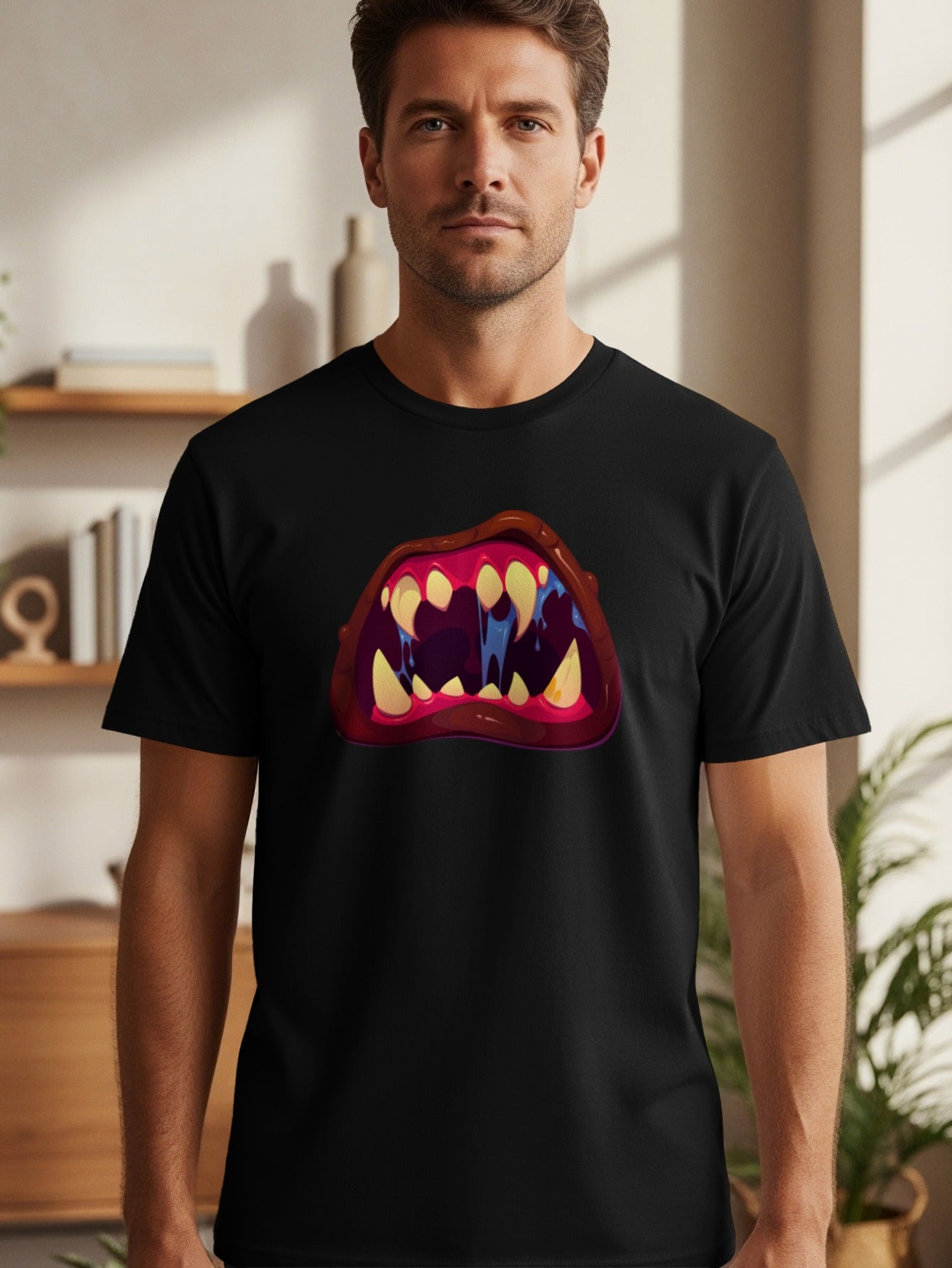 Black t-shirt with a cartoonish monster mouth graphic and dripping saliva.