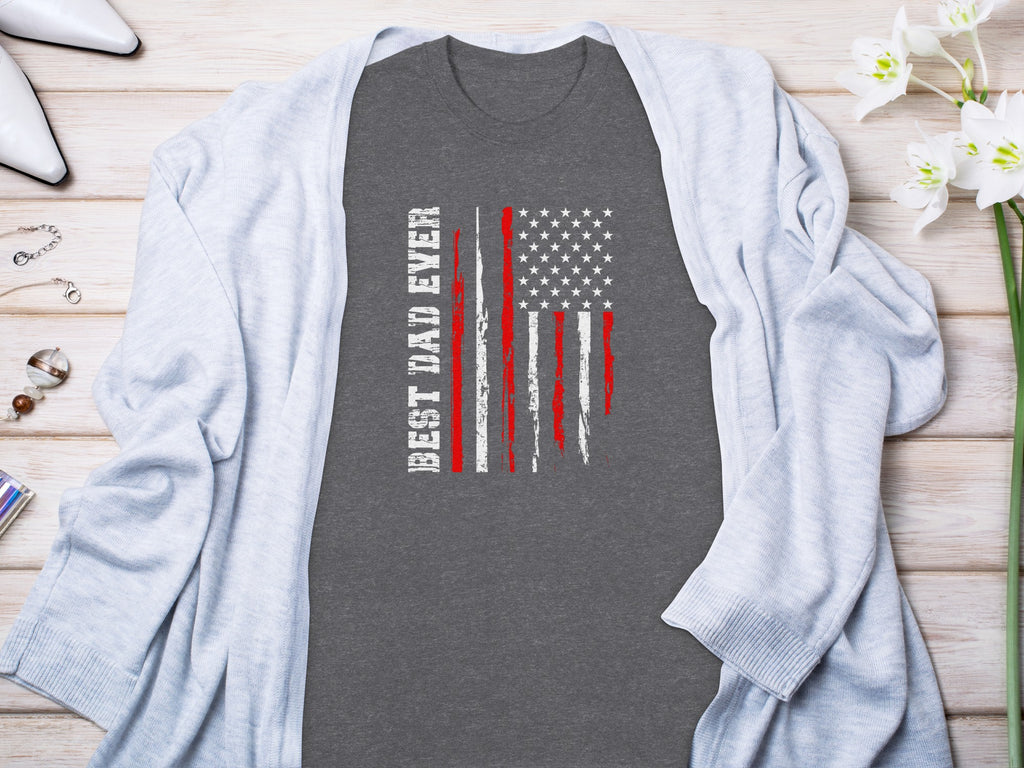 Dark gray t-shirt with "BEST DAD EVER" and distressed American flag graphic.
