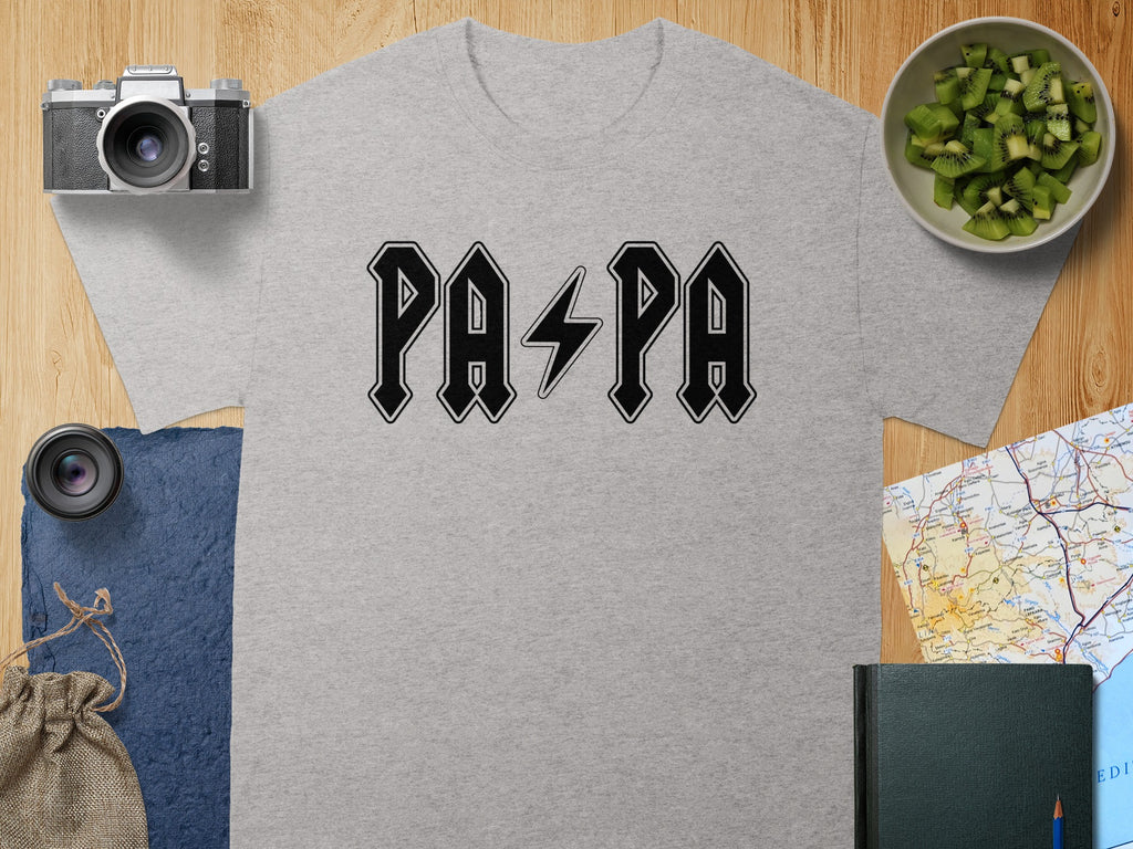 Grey t-shirt with black "PAPA" lettering in a rock band style.