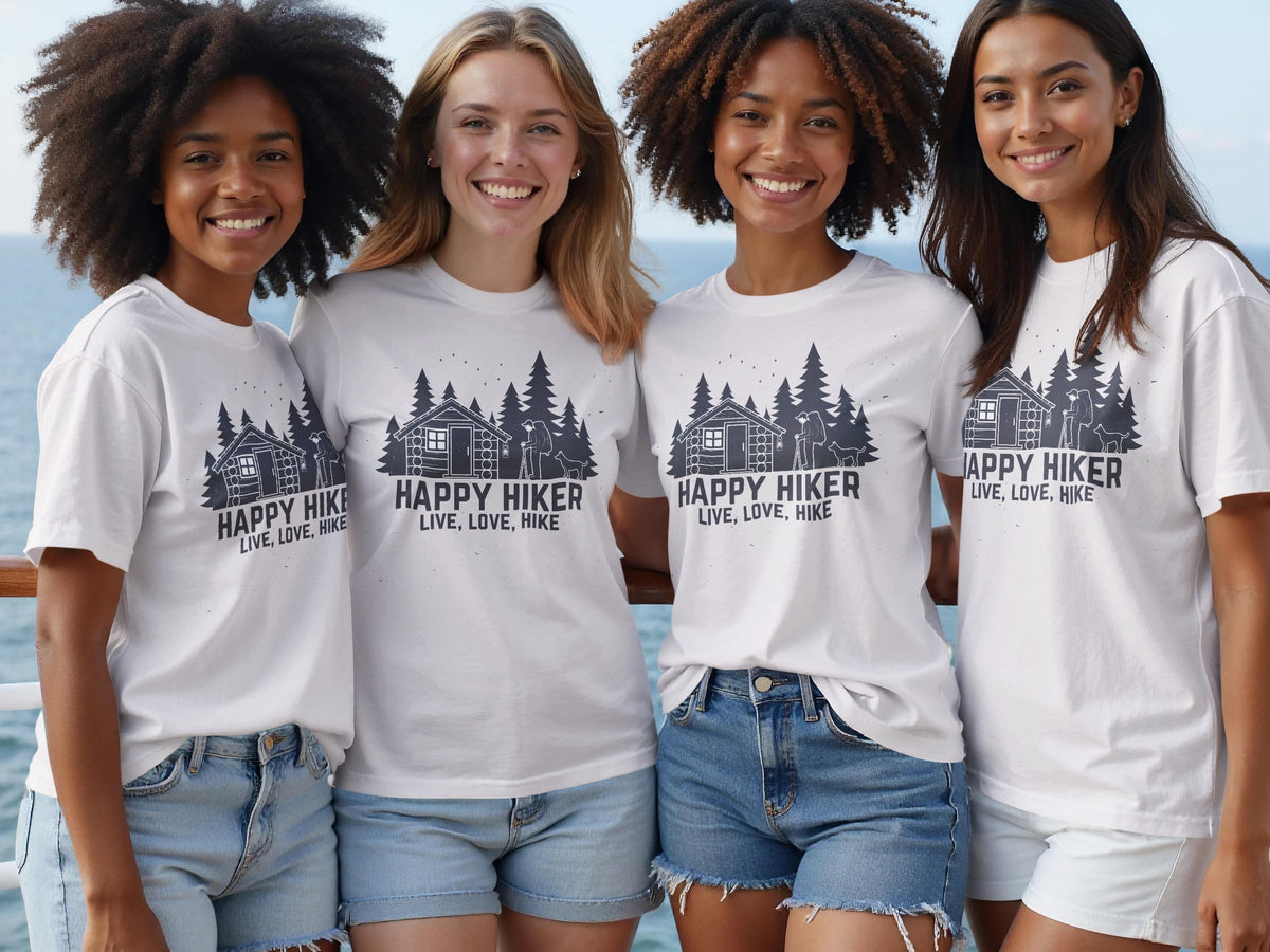 Four young women wear white t-shirts with a dark graphic of a cabin, trees, hiker, and dog.