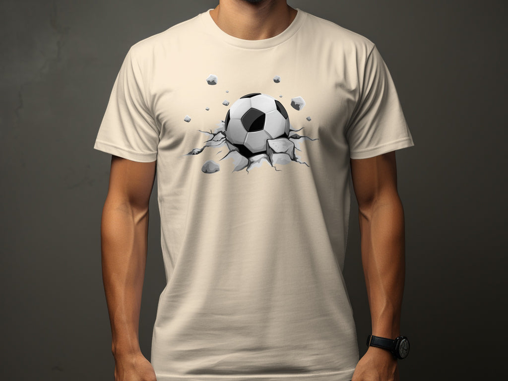 Soccer ball breaking through cracked ground graphic on a cream t-shirt.