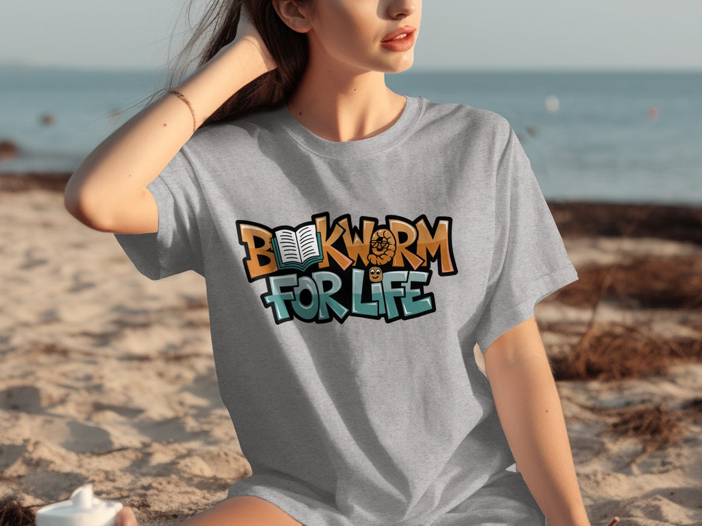 Grey t-shirt with "Bookworm For Life" text and cartoon bookworm graphic.