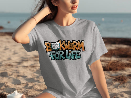 Grey t-shirt with "Bookworm For Life" text and cartoon bookworm graphic.