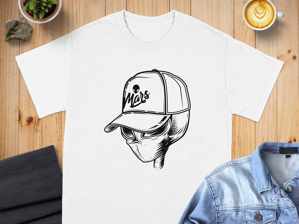 White t-shirt with black graphic of alien wearing a baseball cap that says "Mars".