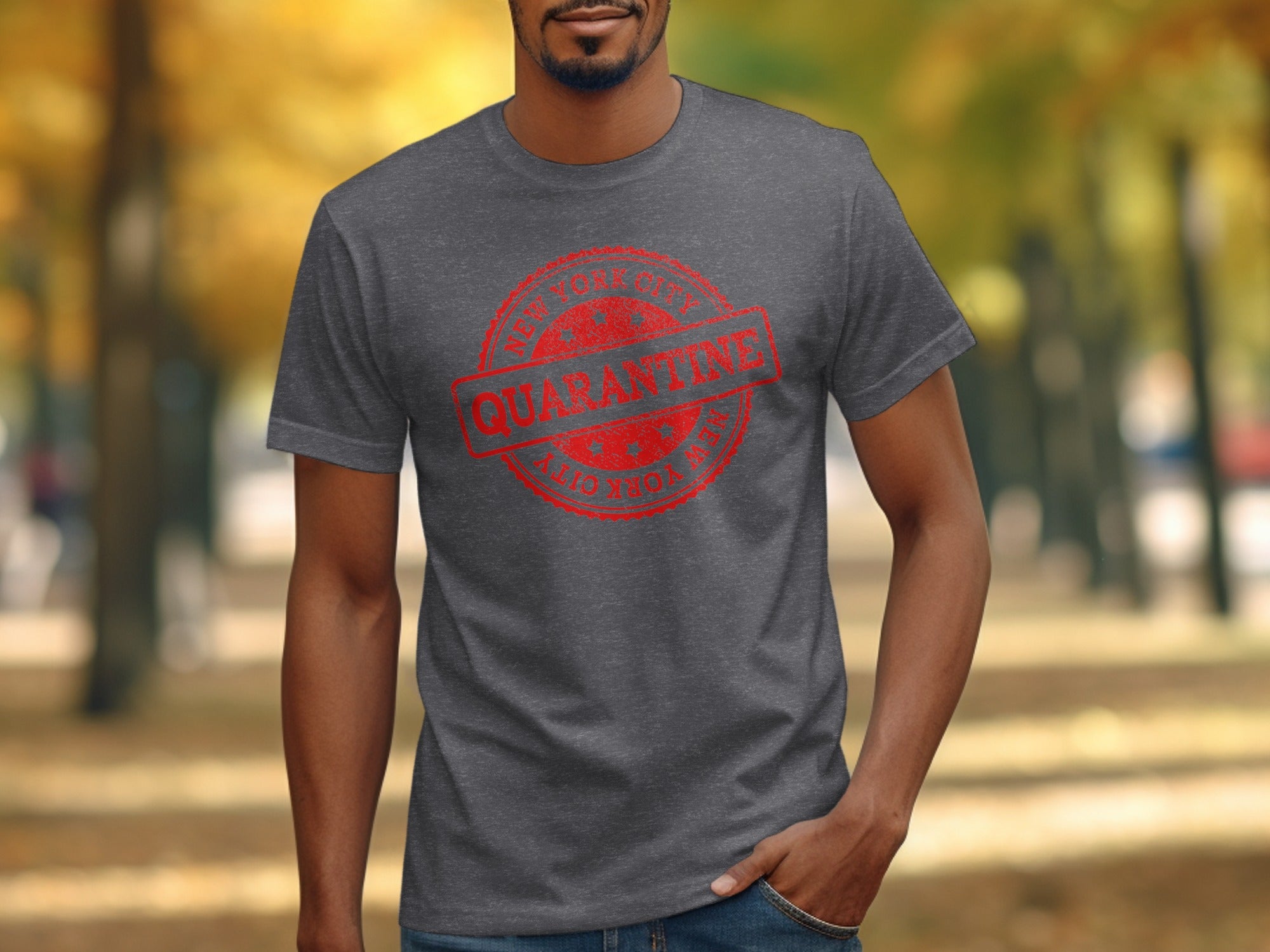 Dark grey t-shirt with red "New York City Quarantine" stamp graphic.