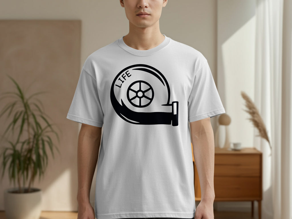 White t-shirt with black graphic of a turbocharger and the word LIFE.