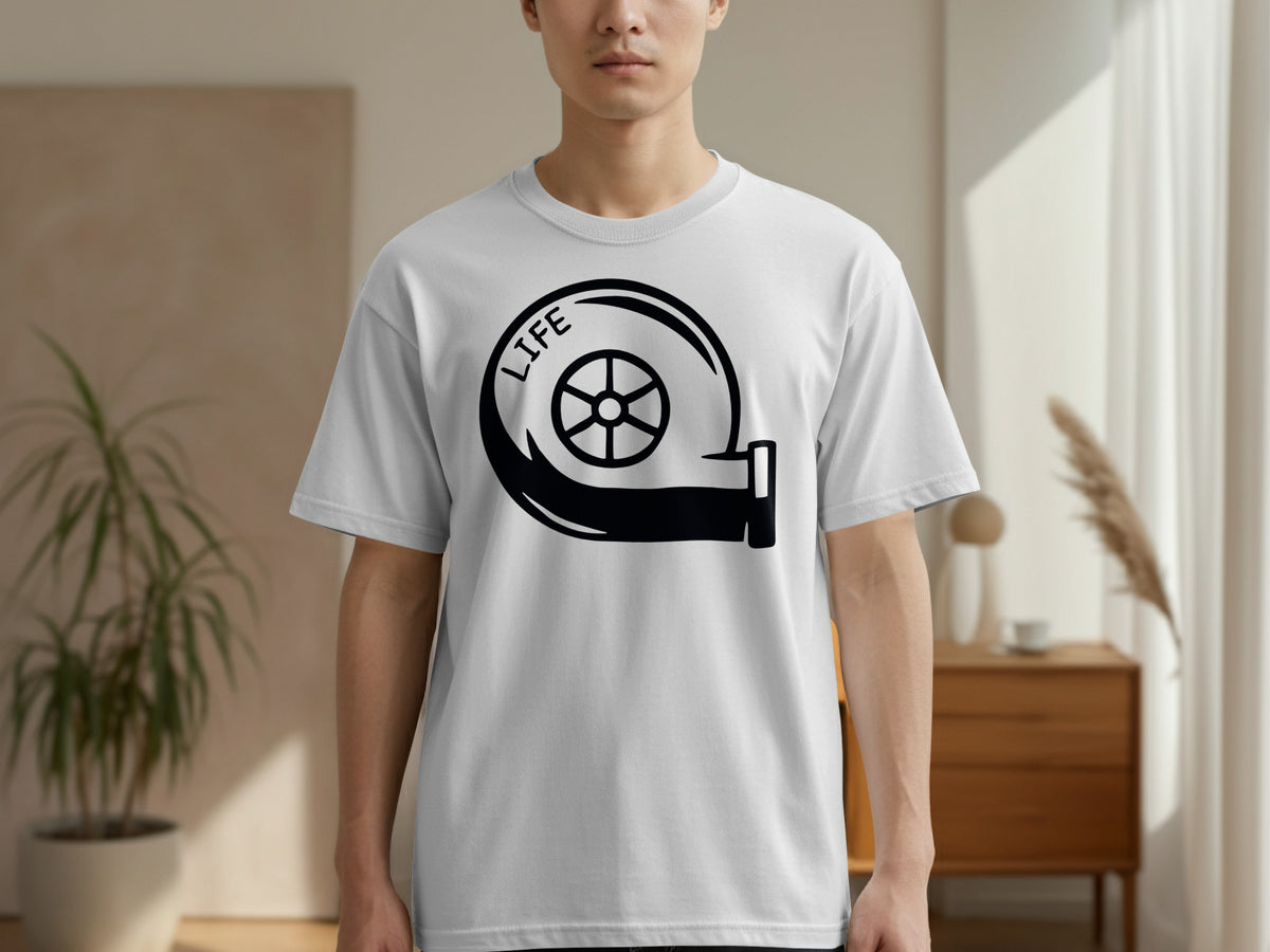 White t-shirt with black graphic of a turbocharger and the word LIFE.