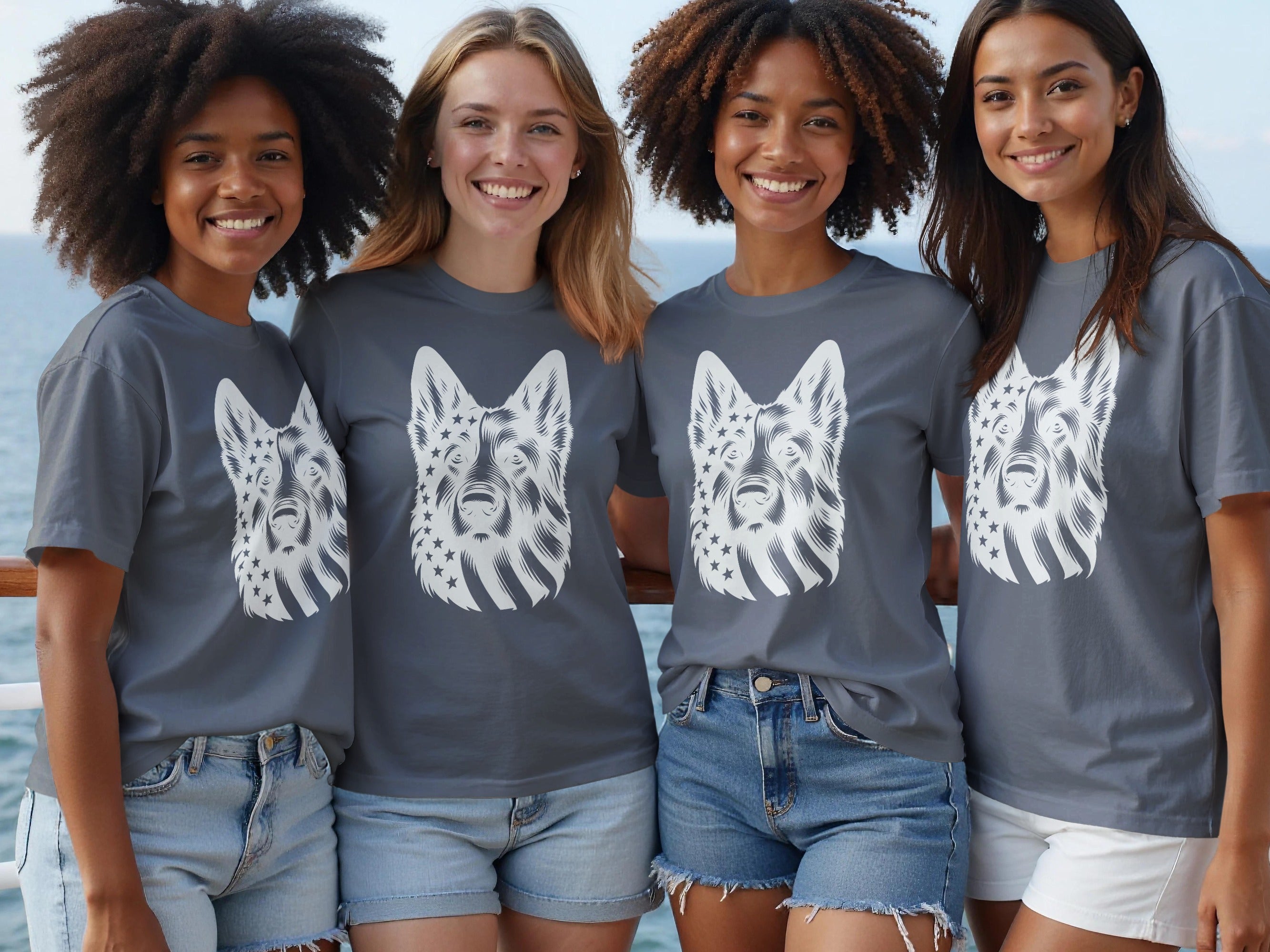 Four women wear grey t-shirts with a white dog face featuring American flag elements.
